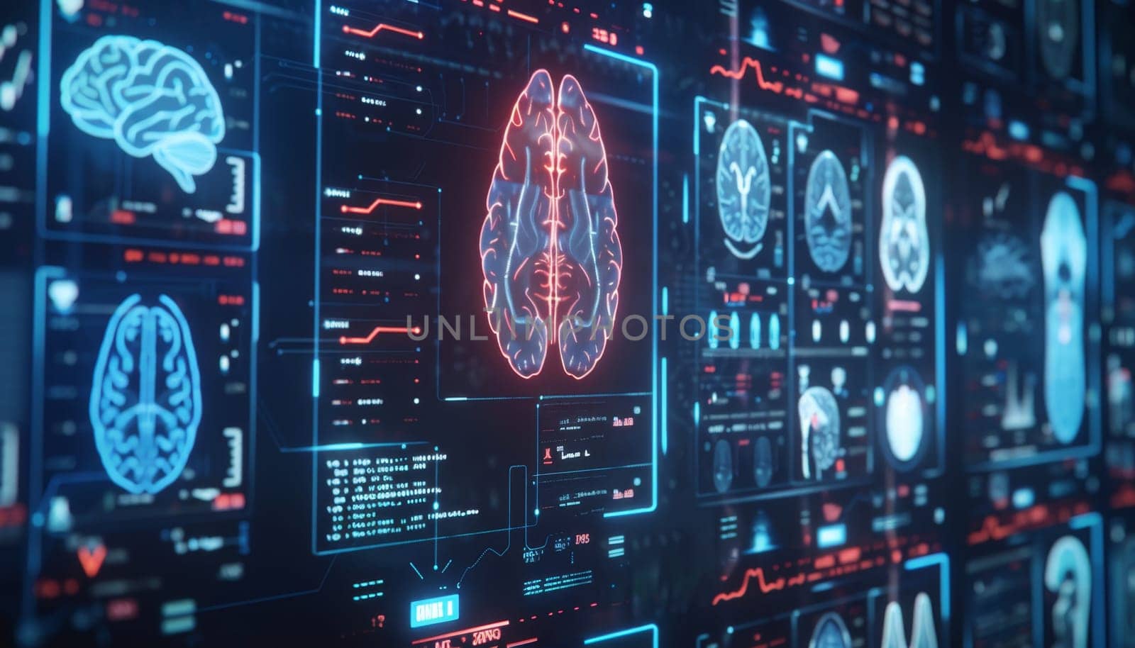 A computer screen displays a variety of brain images by AI generated image by wichayada