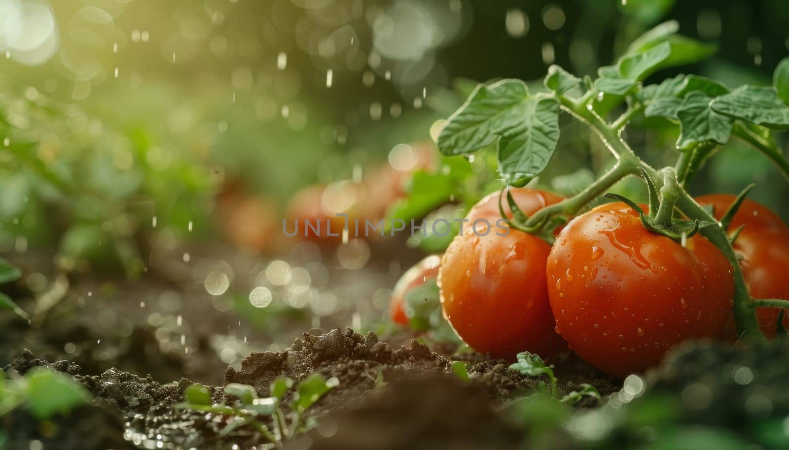 A close up of a tomato plant with three ripe tomatoes on it by AI generated image.