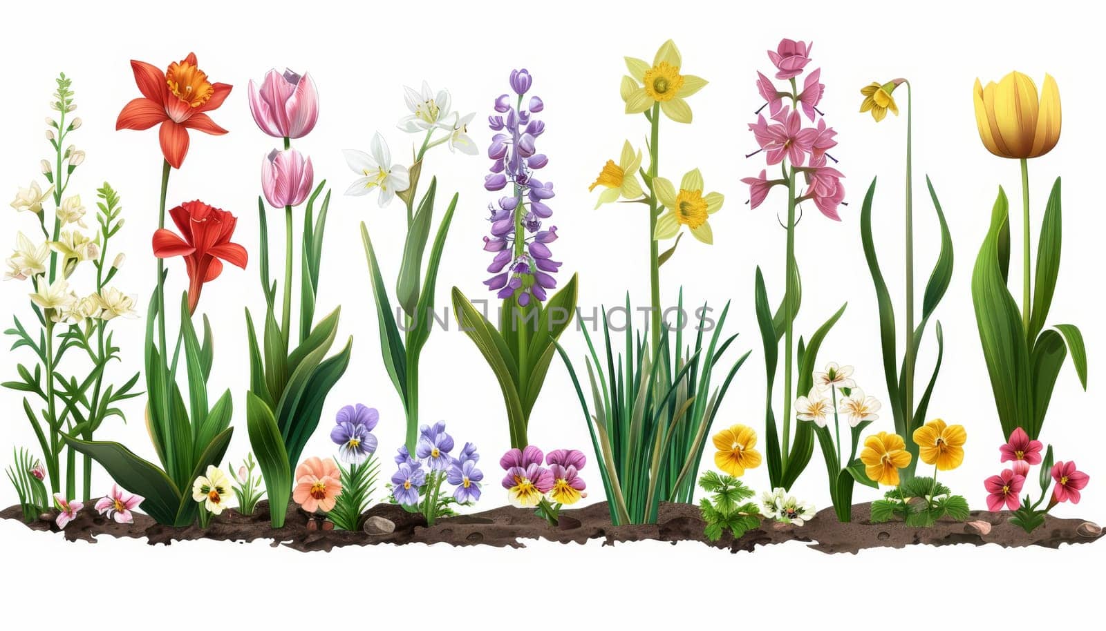 A row of flowers with a variety of colors including red, yellow, and white by AI generated image by wichayada