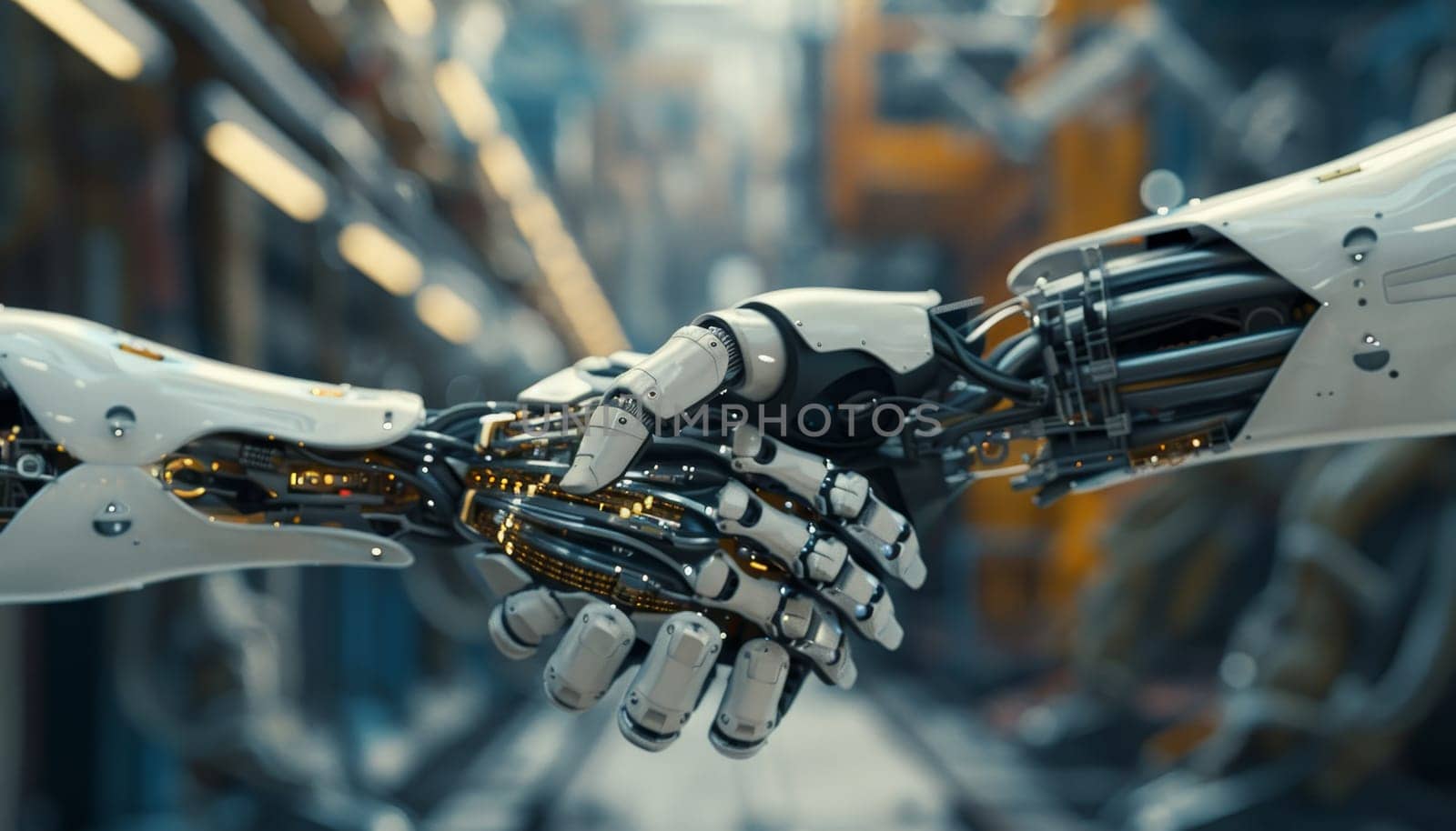 Two robot hands shaking hands by AI generated image.