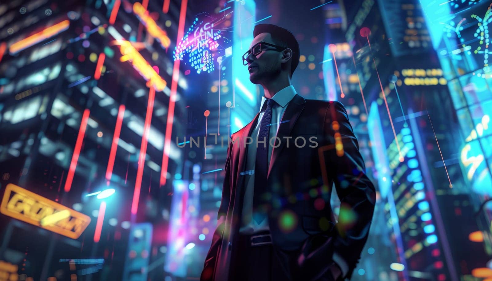 A man in a suit stands in front of a neon sign by AI generated image by wichayada