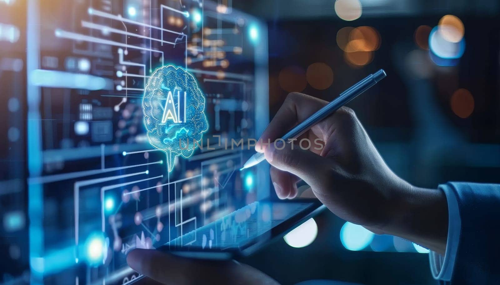 A man is drawing a brain on a computer screen by AI generated image.