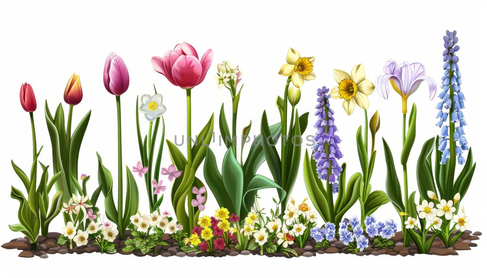 A row of flowers with a variety of colors including pink, yellow, and blue by AI generated image by wichayada