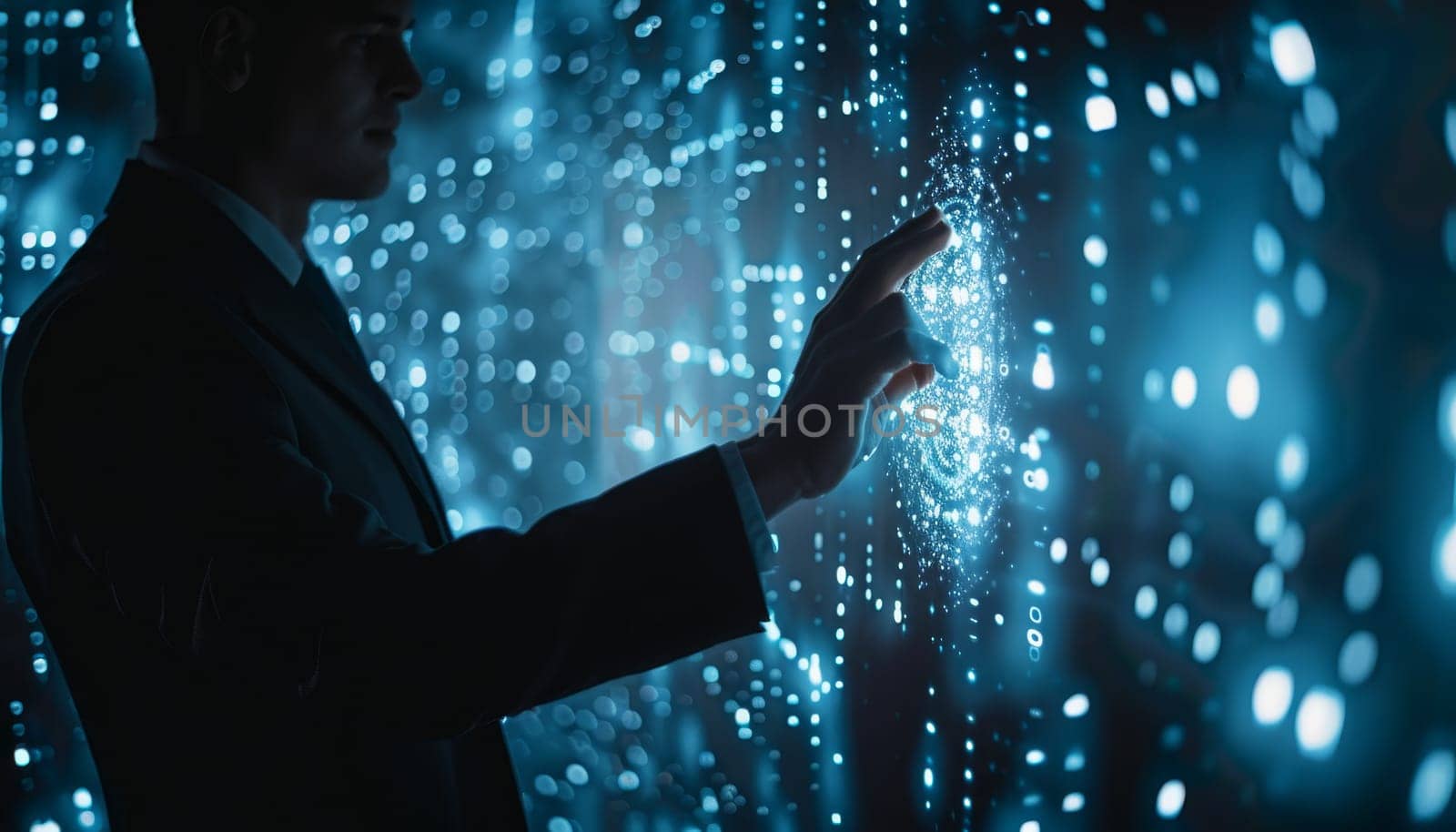 A man in a suit is touching a screen with his finger by AI generated image by wichayada