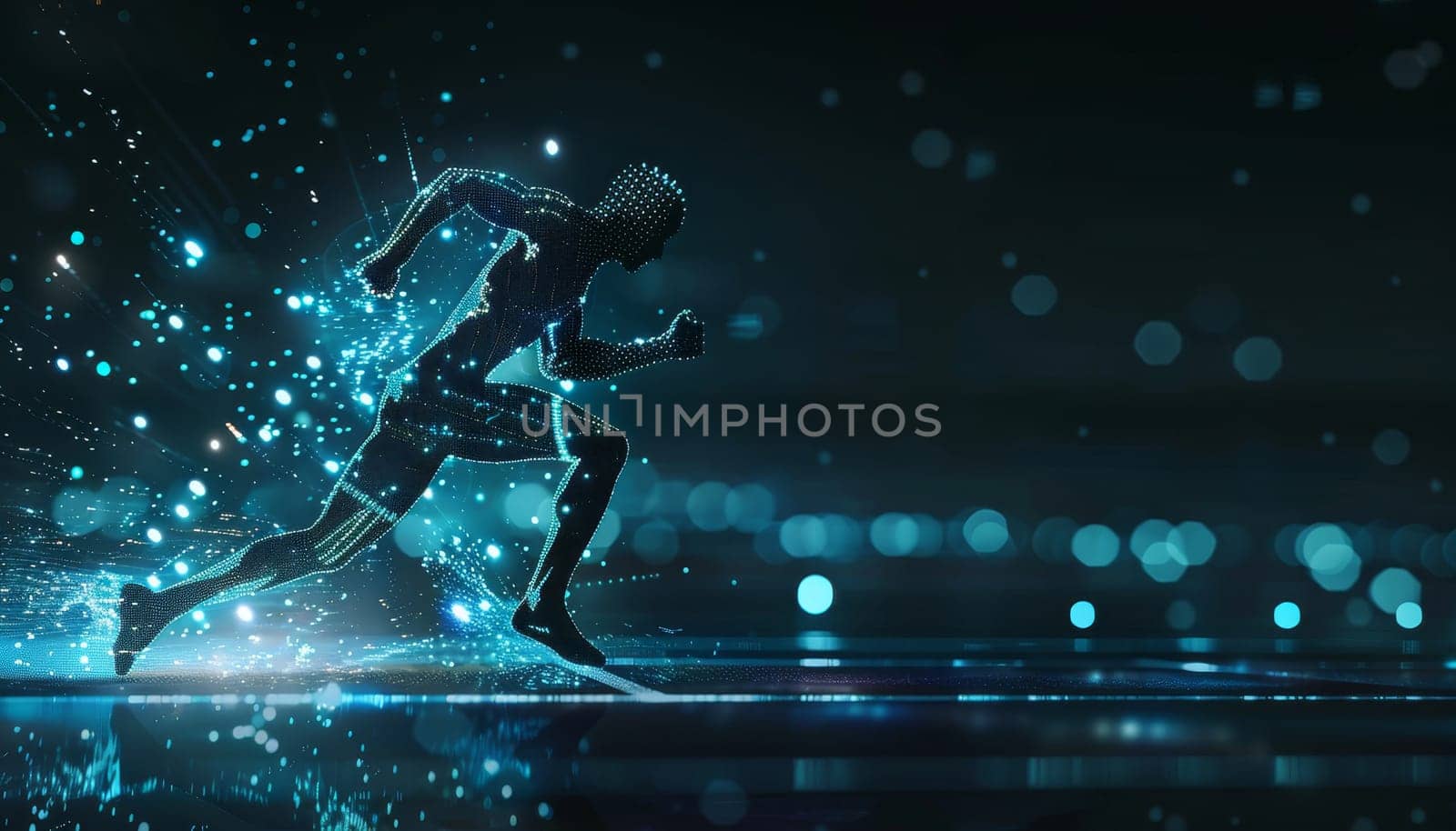 A man is running on a track with a blue background by AI generated image.