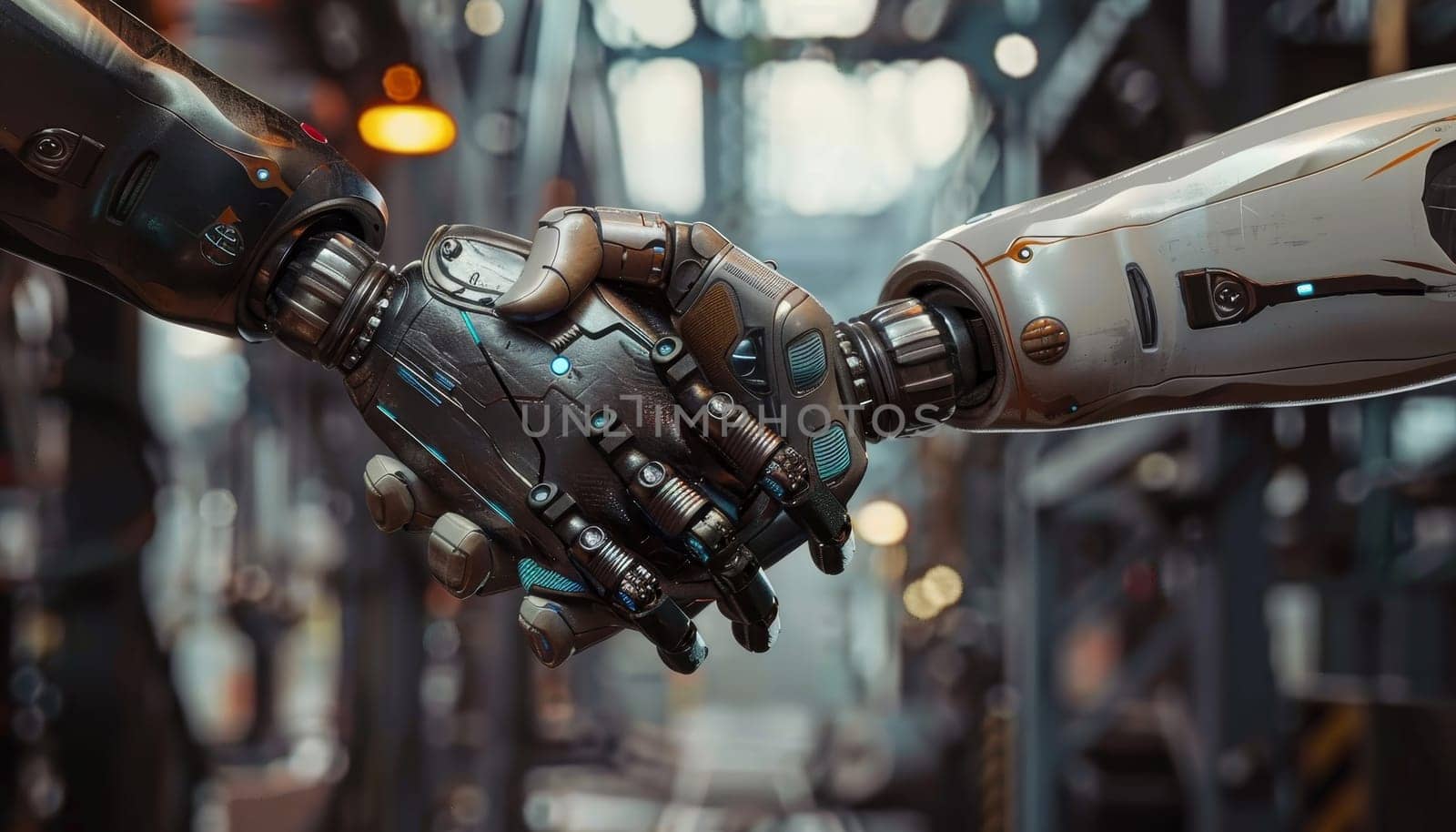 Two robot hands shaking hands by AI generated image by wichayada