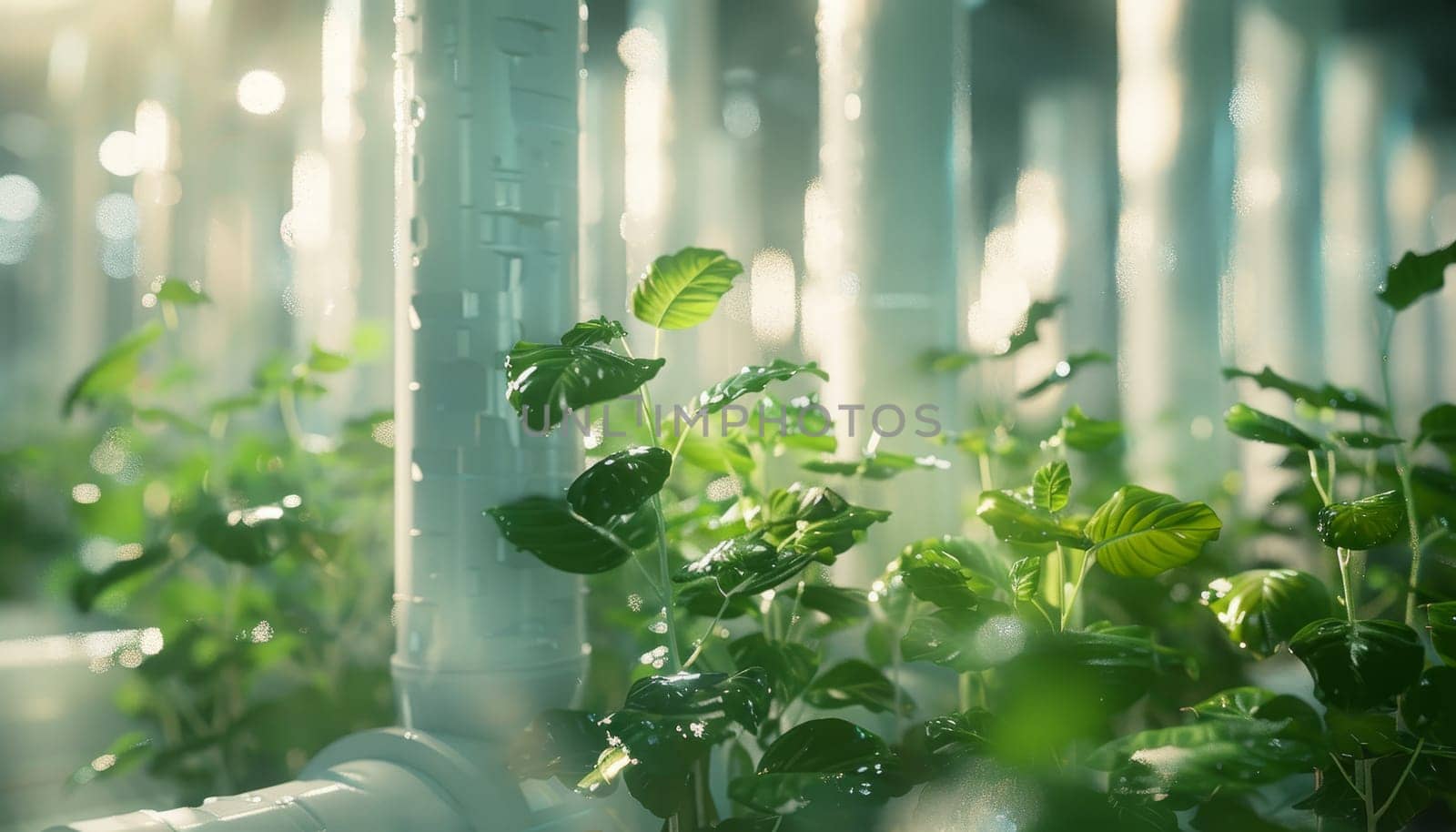 A close up of a plant with a white pipe in the foreground. Concept of growth and life, as the plant is thriving