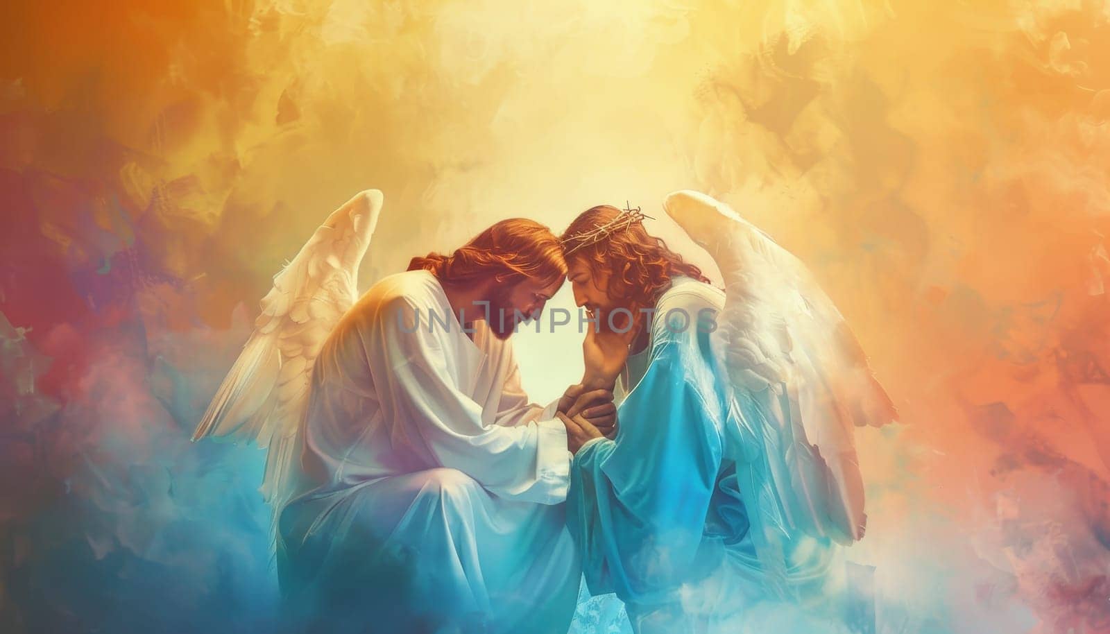 Two angels are sitting on a cloud, one of them is holding the other's hand by AI generated image by wichayada