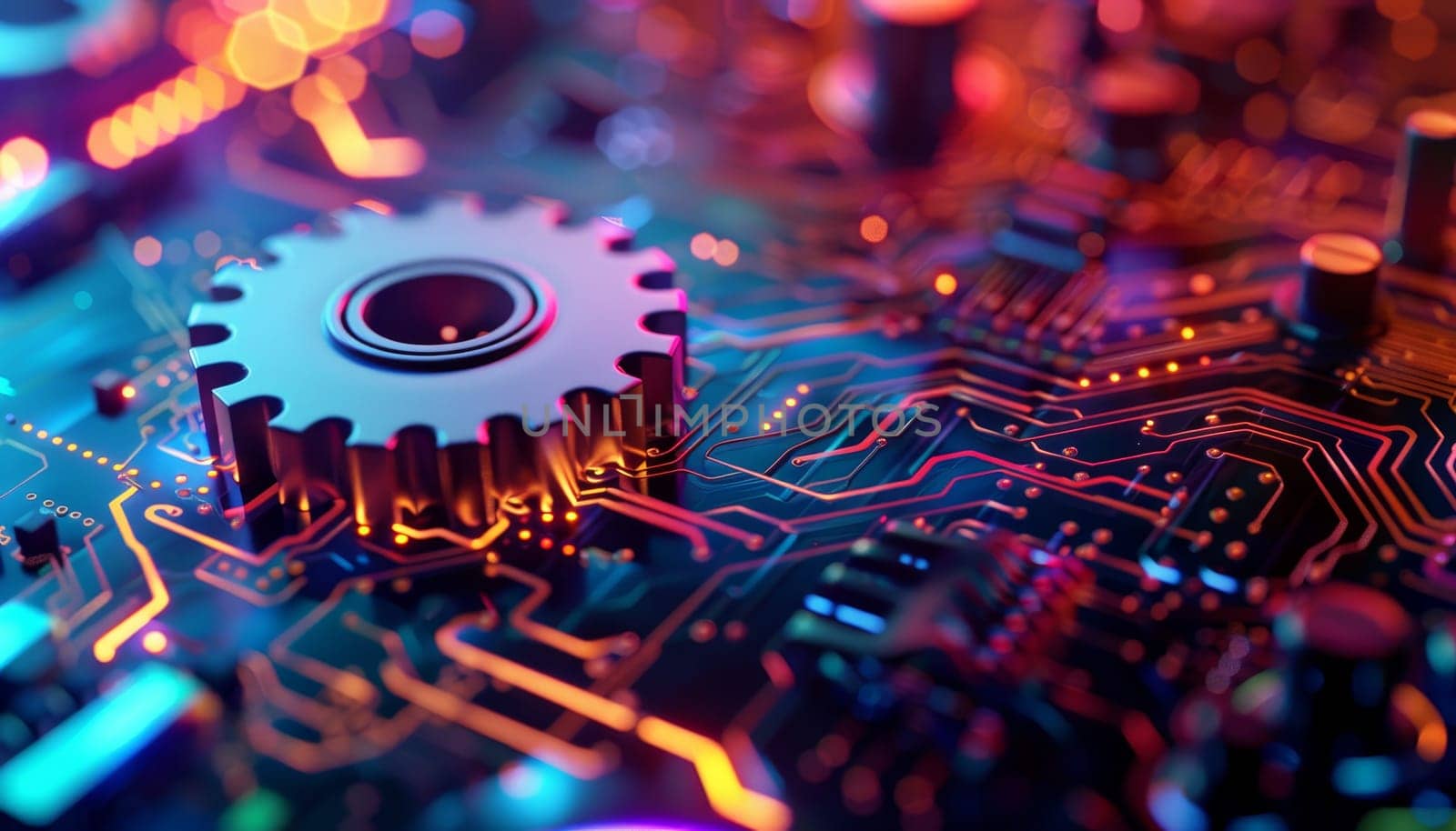 A close up of a gear on a circuit board. The gear is surrounded by a colorful background, giving the image a futuristic and technological feel