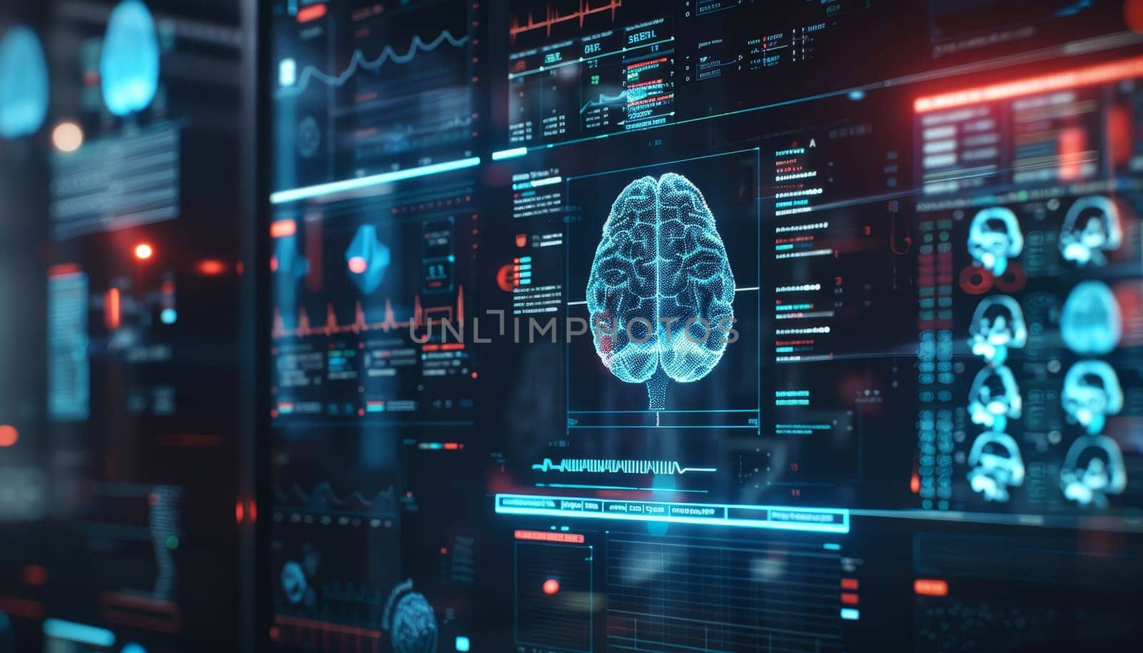 A computer monitor displays a brain with a red and blue background by AI generated image by wichayada