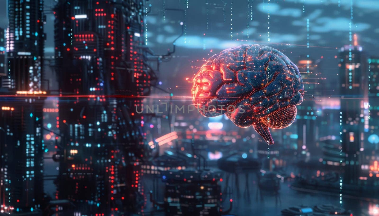 A brain is shown in a cityscape with a futuristic feel by AI generated image.