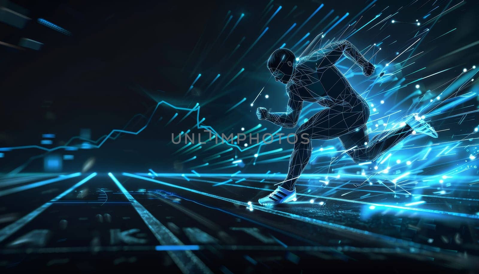 A man is running on a track with a blue background by AI generated image.