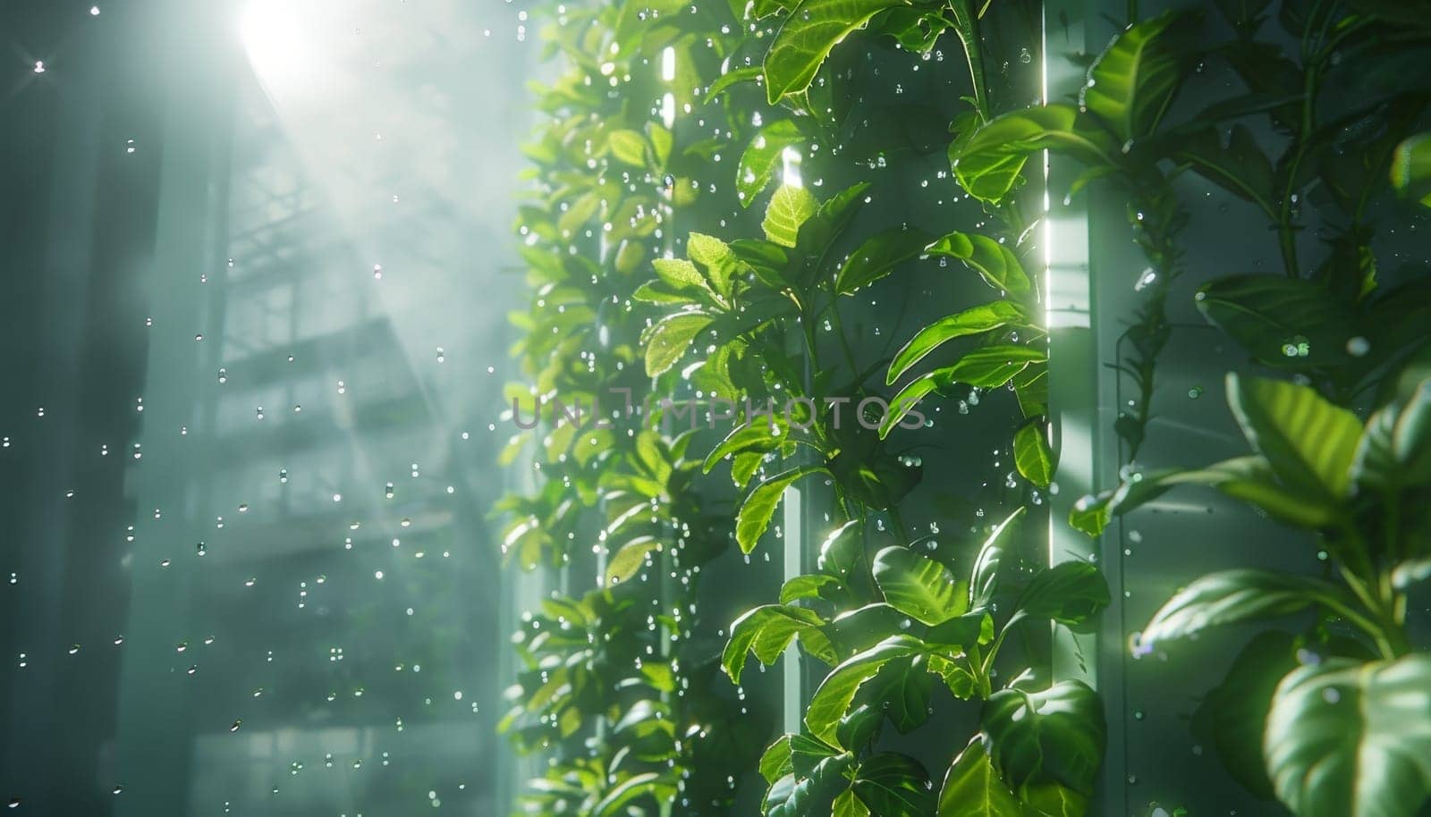 A lush green plant is growing in a greenhouse. The leaves are wet and shiny, and the sunlight is shining through the glass, creating a peaceful and serene atmosphere