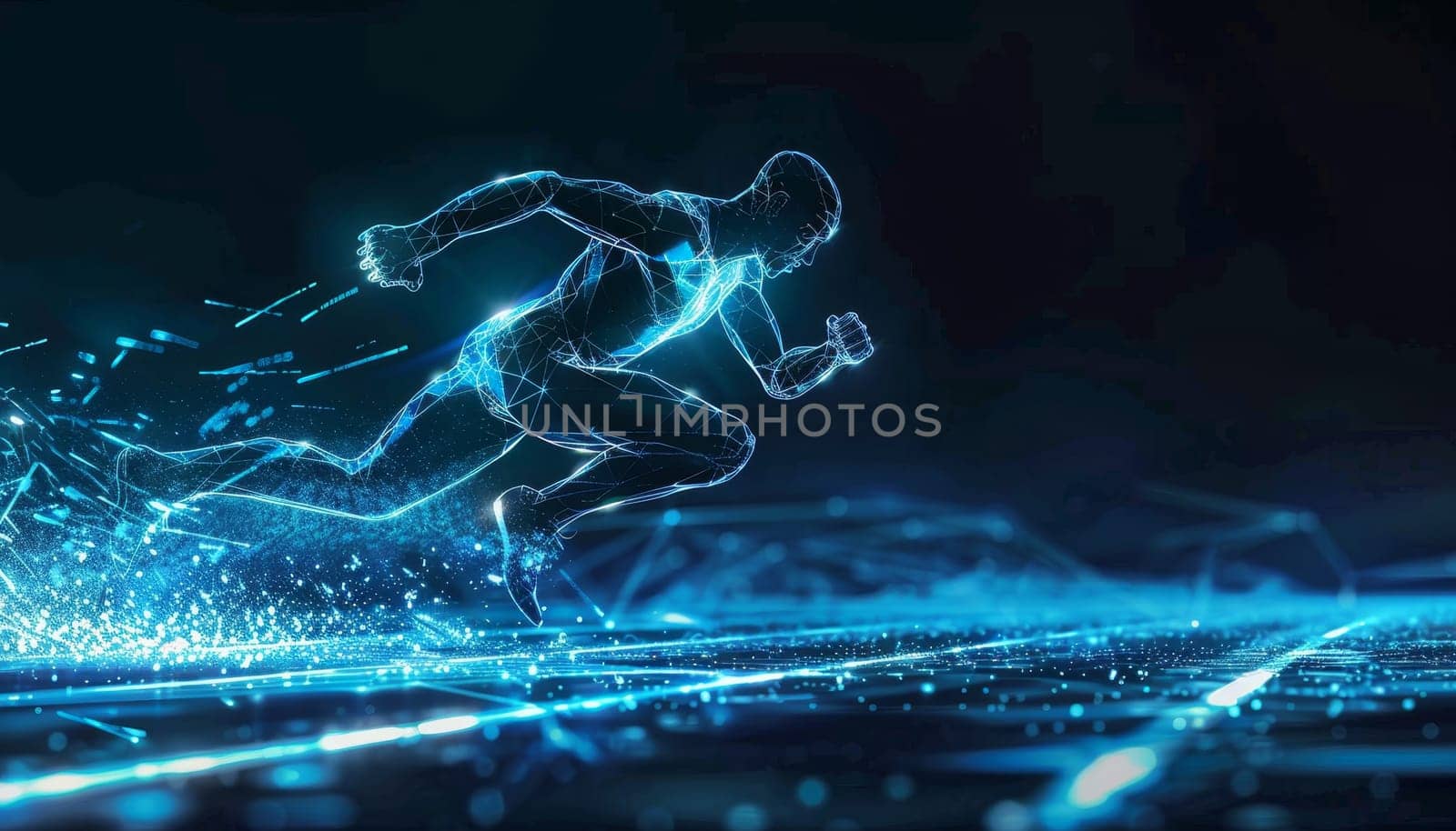 A man is running on a track with a blue background by AI generated image by wichayada