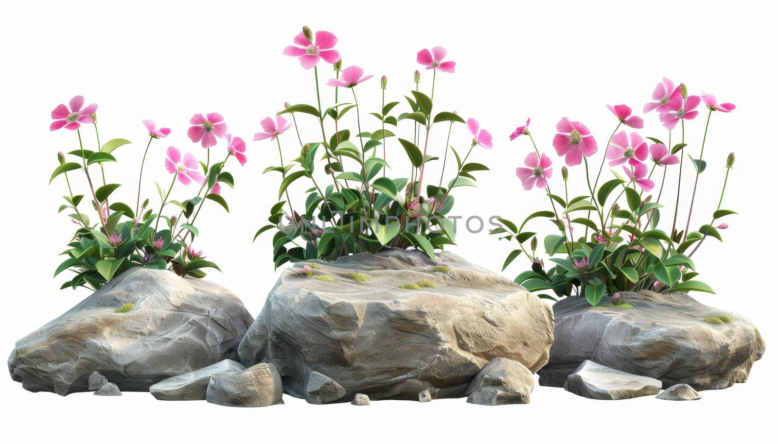 Three pink flowers are growing on a rock. The flowers are small and delicate, and they are surrounded by large, rough rocks. The scene has a peaceful and serene mood