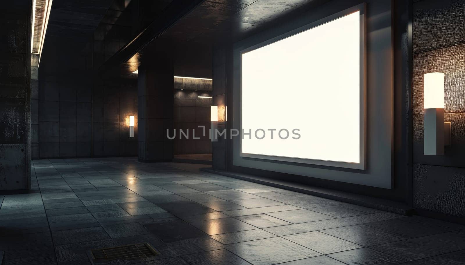 A large white sign hangs on the wall of a dark room by AI generated image.