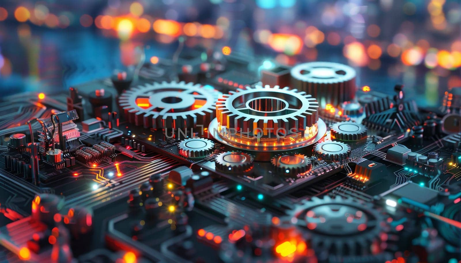 A close up of a machine with gears and lights by AI generated image by wichayada