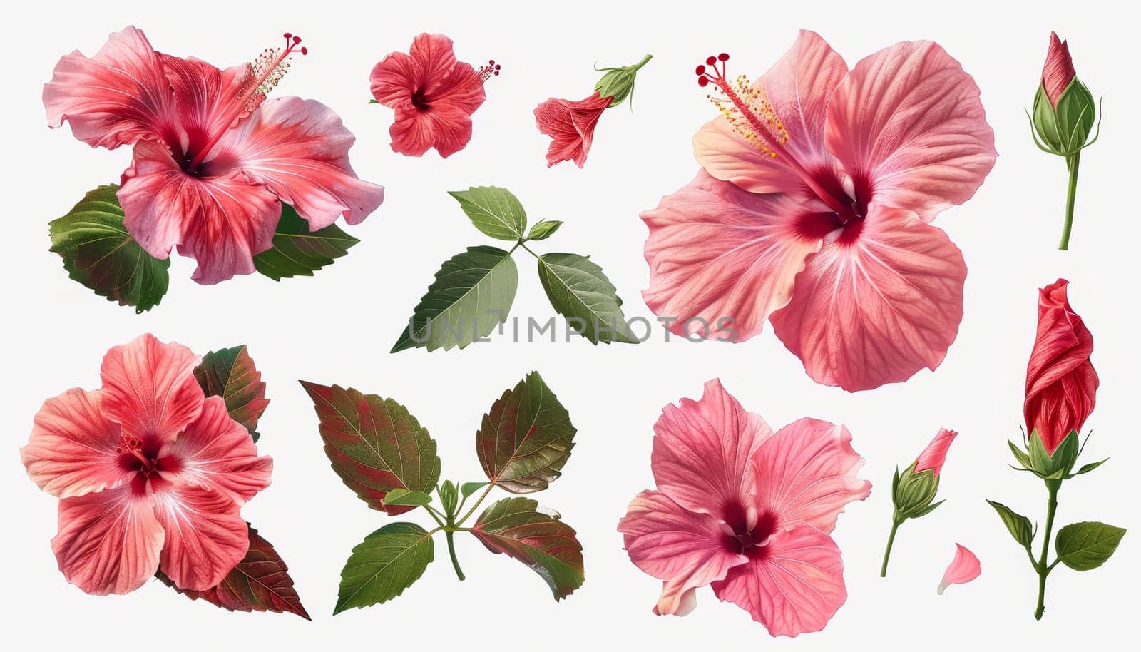 A collection of pink flowers with different shapes and sizes. The flowers are arranged in a way that creates a sense of harmony and balance. Scene is one of beauty and tranquility