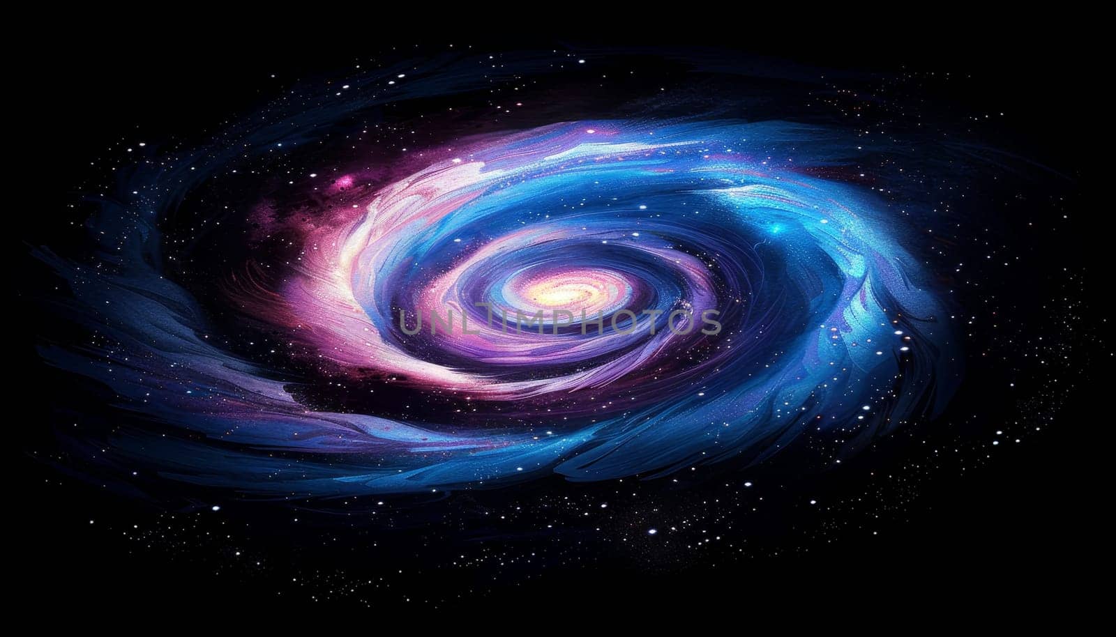 A spiral galaxy with a blue center and pink and purple swirls by AI generated image by wichayada