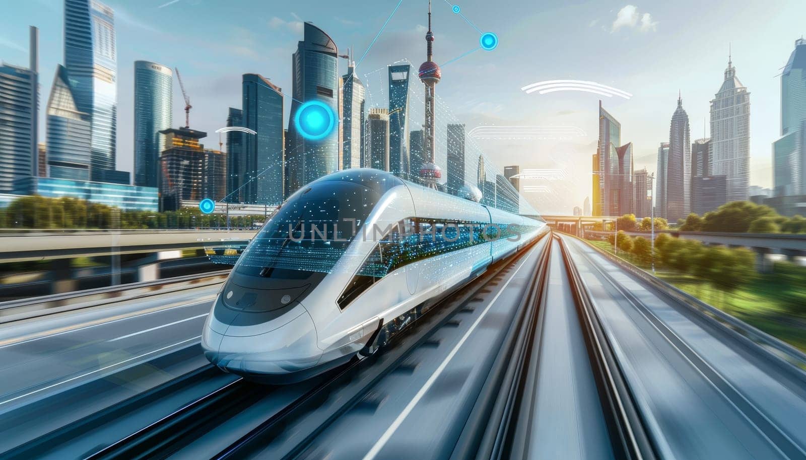 A futuristic train is traveling down a track in a city. The train is surrounded by a cityscape with tall buildings and a bridge in the background. Concept of progress and innovation