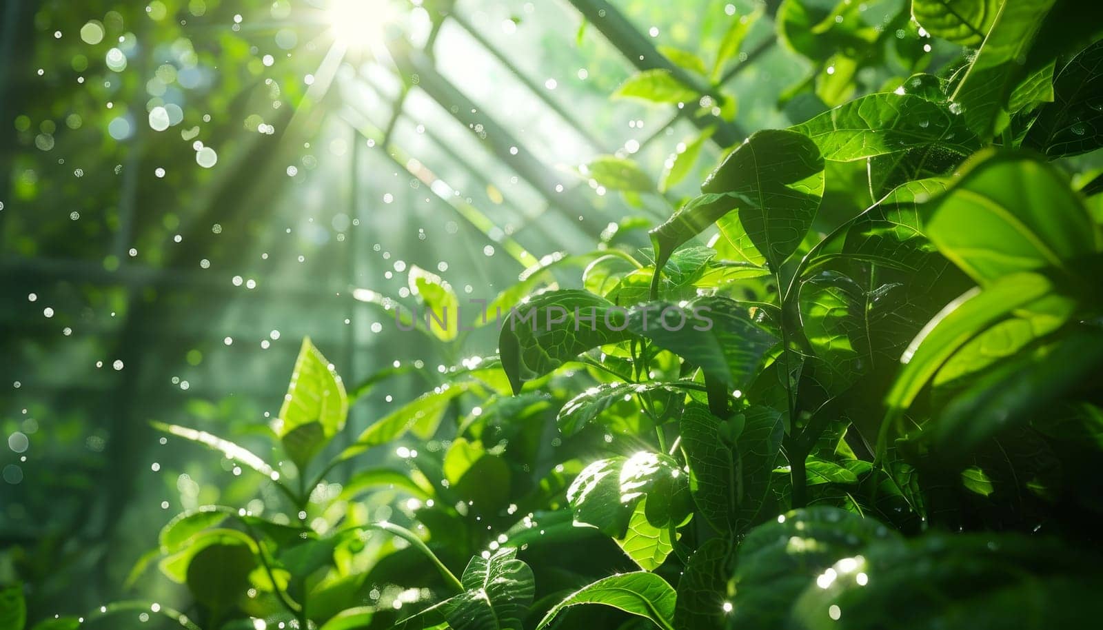 A lush green plant with leaves that are glistening in the sunlight. The sunlight is shining through the glass, creating a beautiful and serene atmosphere