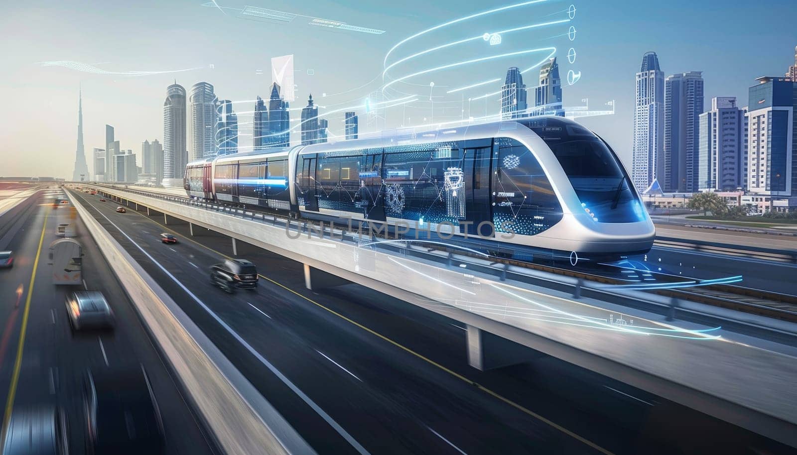 A futuristic train is traveling down a track with a city in the background by AI generated image by wichayada