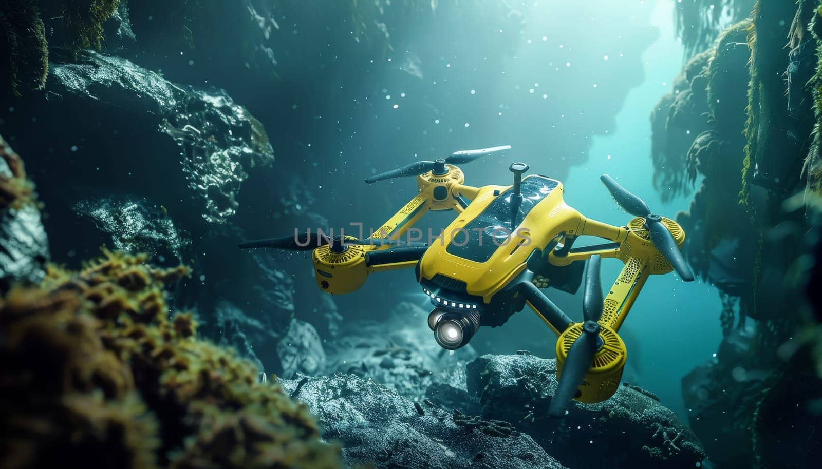 A yellow drone is flying over a rocky underwater area by AI generated image by wichayada