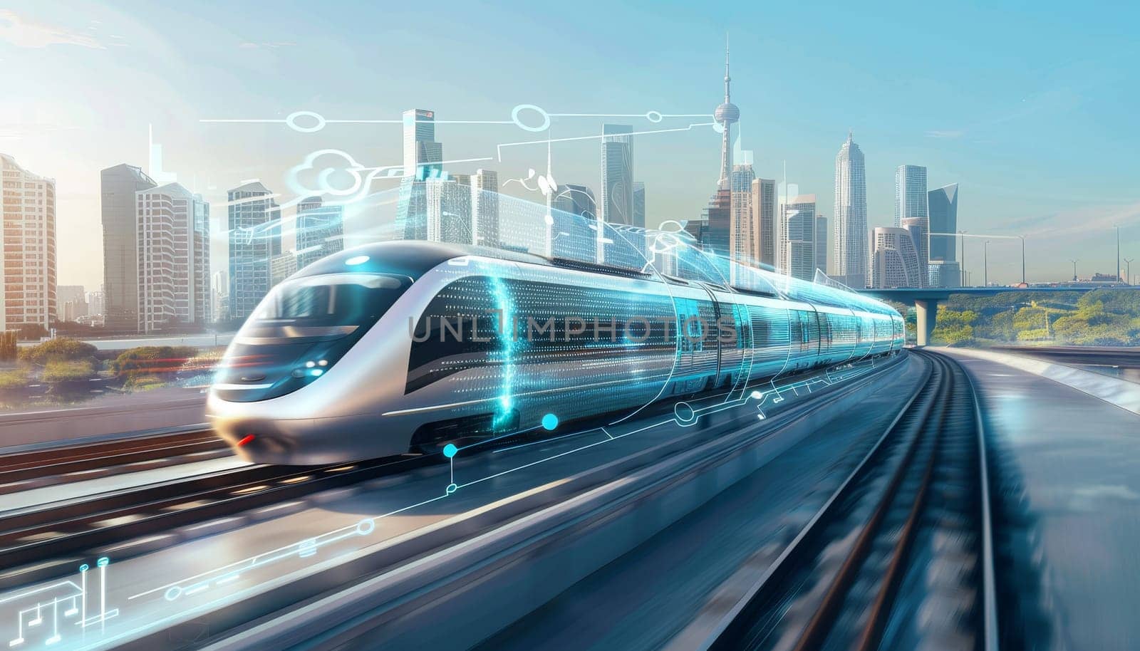 A train is traveling down a track with a city in the background. The train is surrounded by a lot of technology, which gives it a futuristic look. Scene is one of progress and innovation