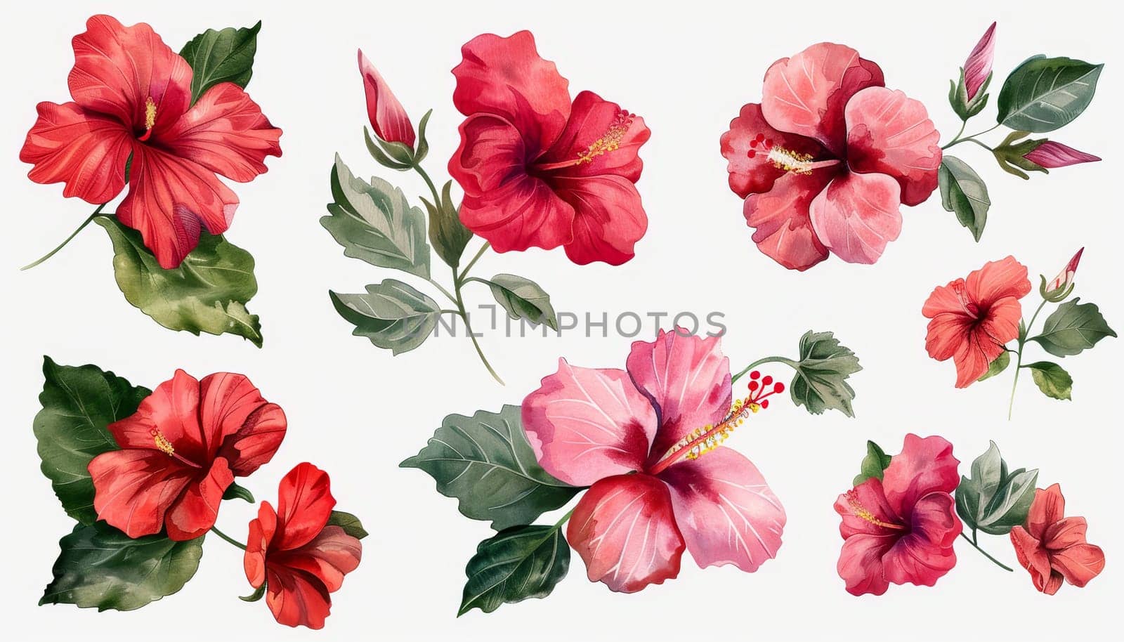 A set of watercolor flowers with red petals by AI generated image by wichayada