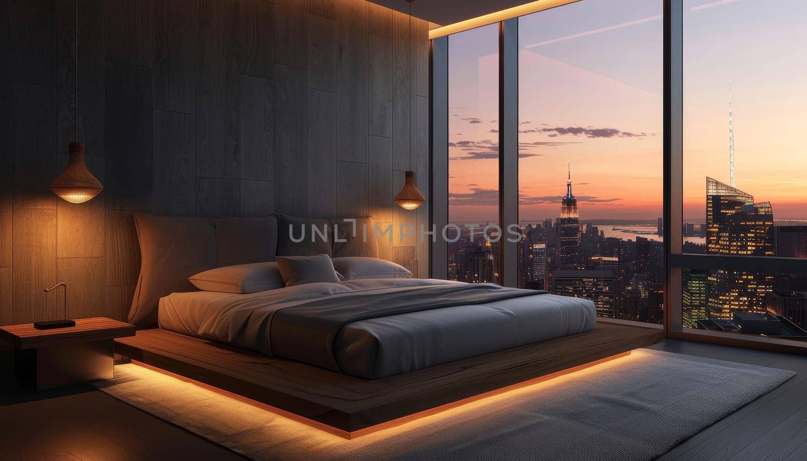 A bedroom with a large bed and a view of the city by AI generated image.