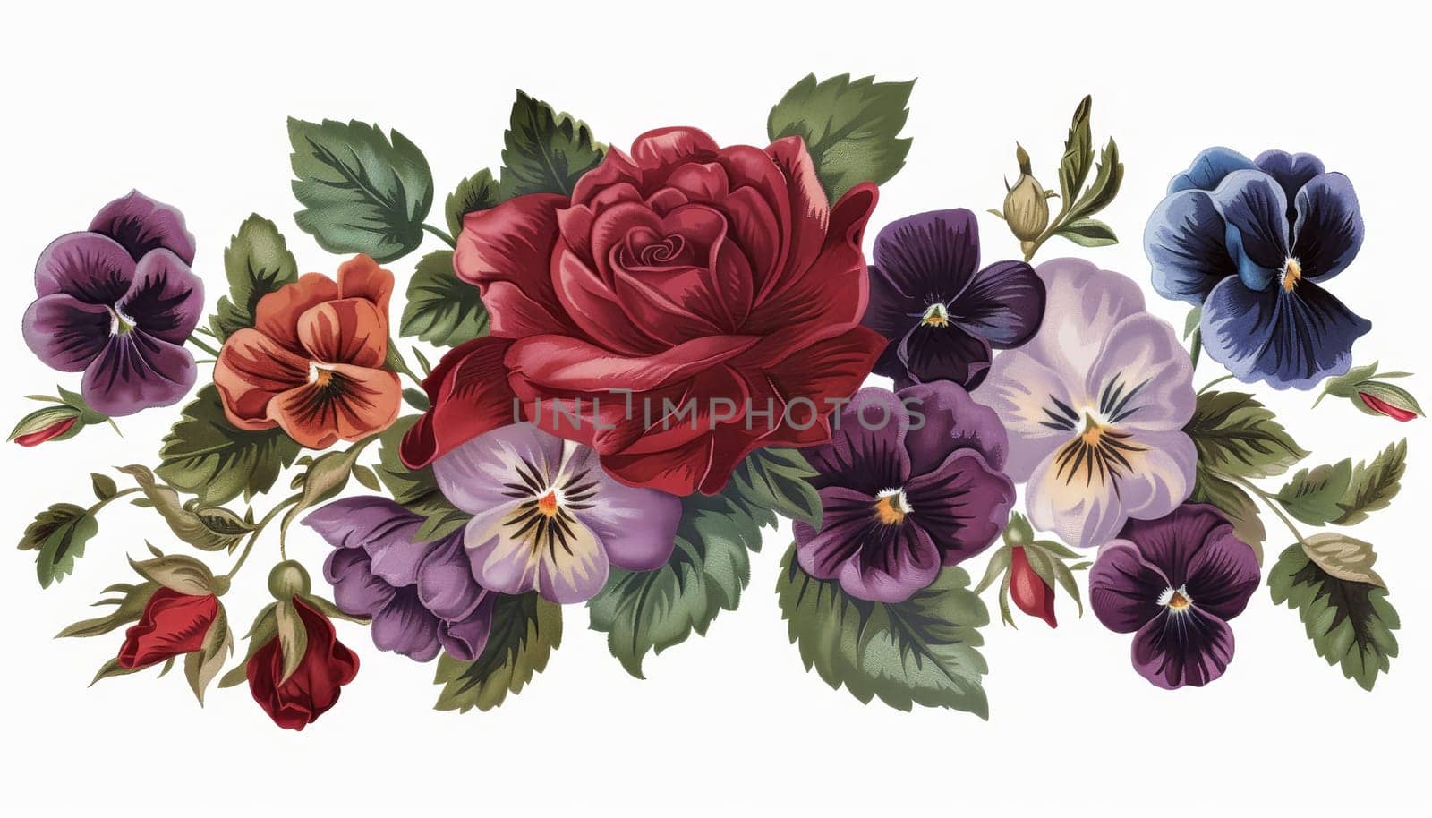 A colorful bouquet of flowers with a rose in the middle. The flowers are purple, red, and yellow