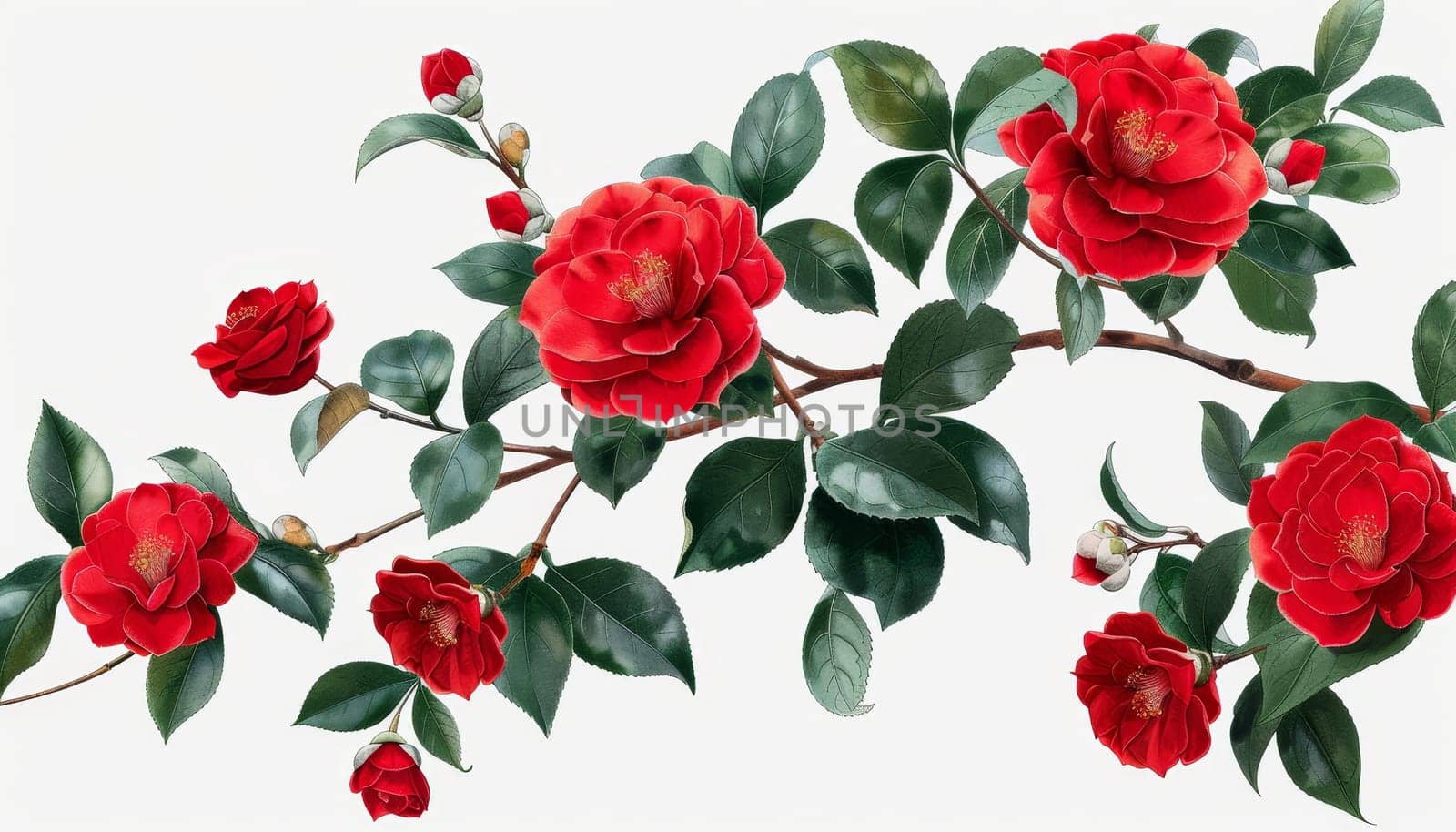A red flower with green leaves is on a branch. The flower is surrounded by other red flowers