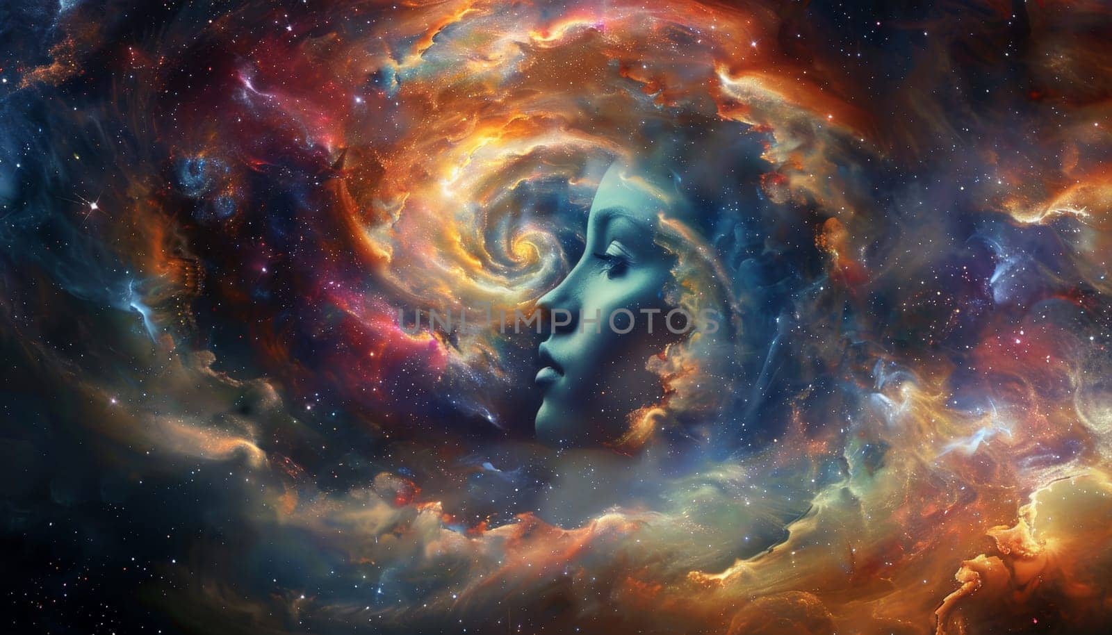 A woman's face is shown in a swirling cloud of colors, surrounded by stars and nebulae. Concept of wonder and awe at the vastness of the universe and the beauty of the cosmos