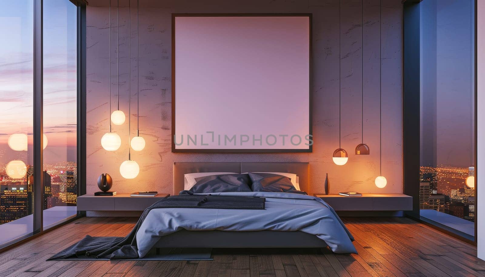 A bedroom with a large white wall and a bed with a grey comforter by AI generated image.