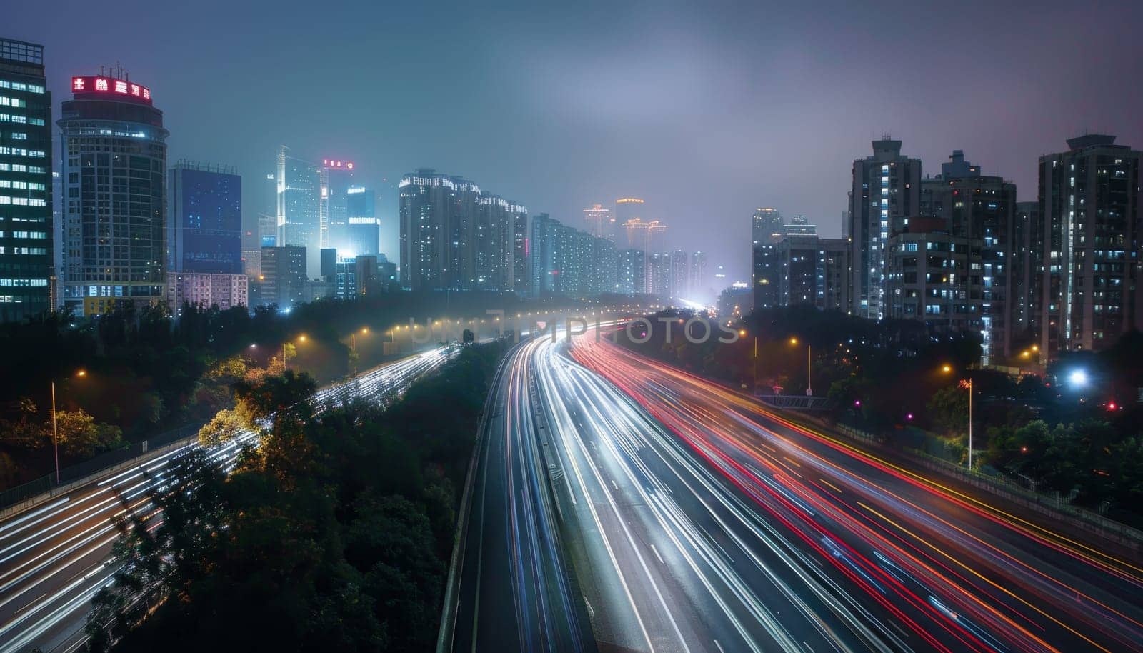 A city street at night with a lot of traffic and tall buildings. The lights from the cars and buildings create a bright and busy atmosphere