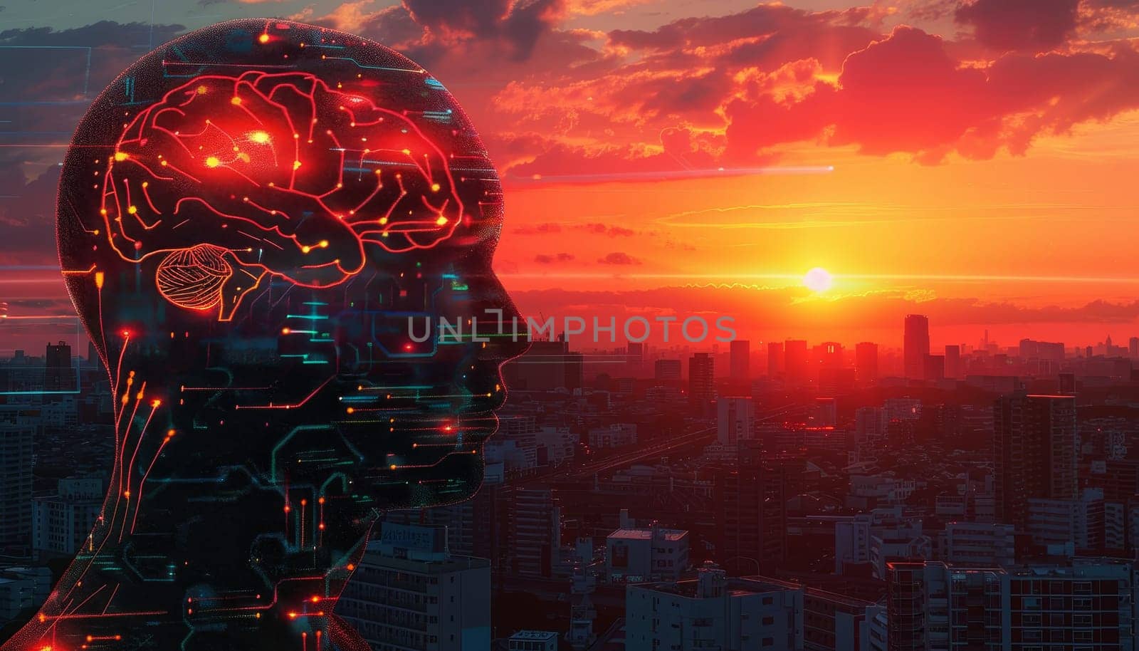 A brain made of wires and circuits is shown in front of a city skyline by AI generated image.