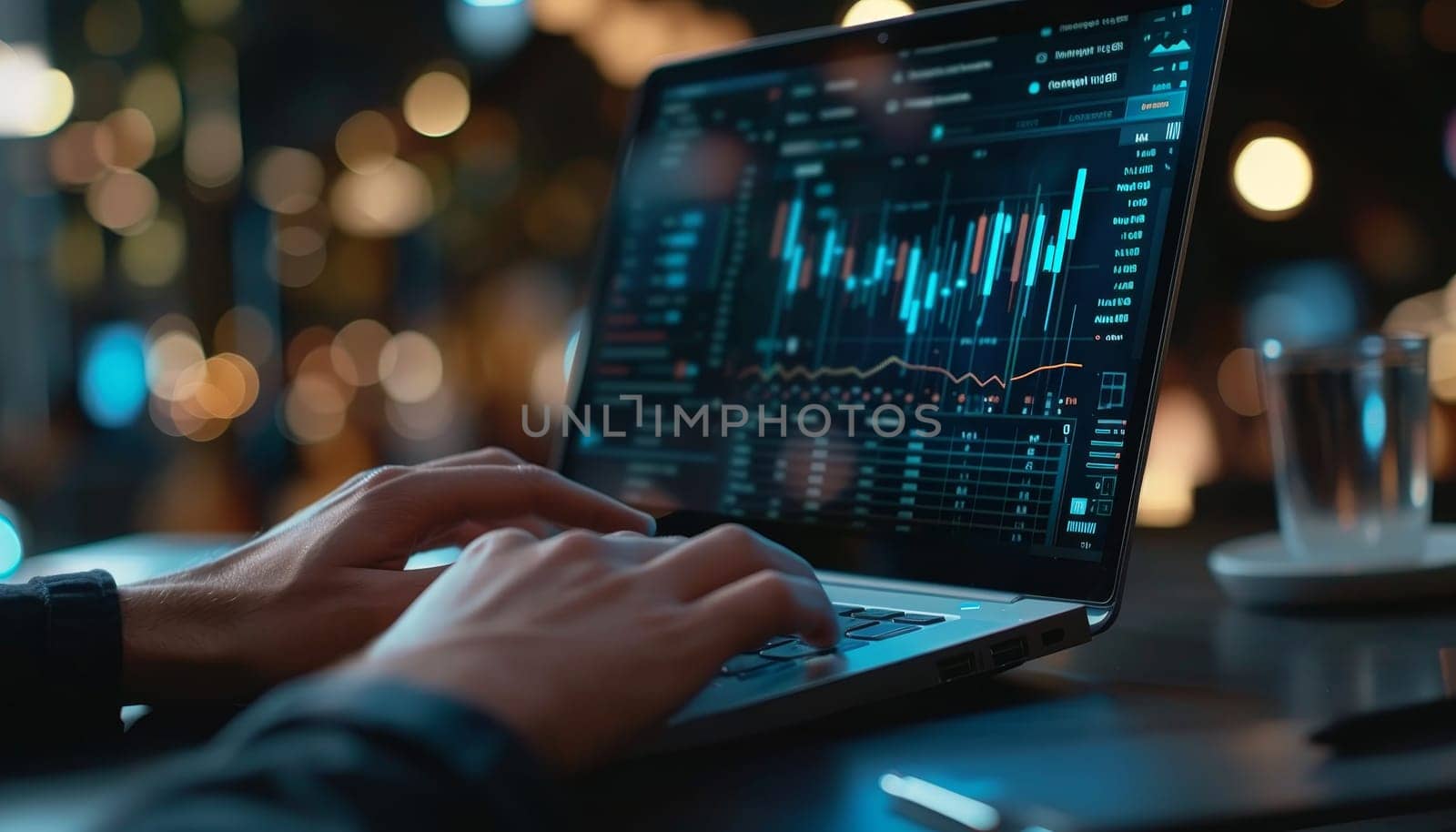 A man is typing on a laptop with a screen displaying a map of the world by AI generated image by wichayada