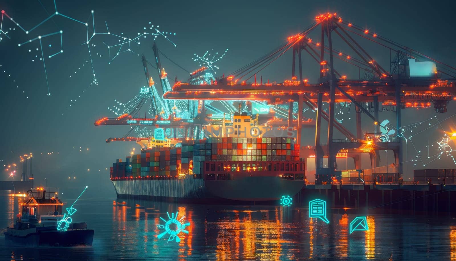 A large ship is docked at a port with a bright blue sky in the background by AI generated image.