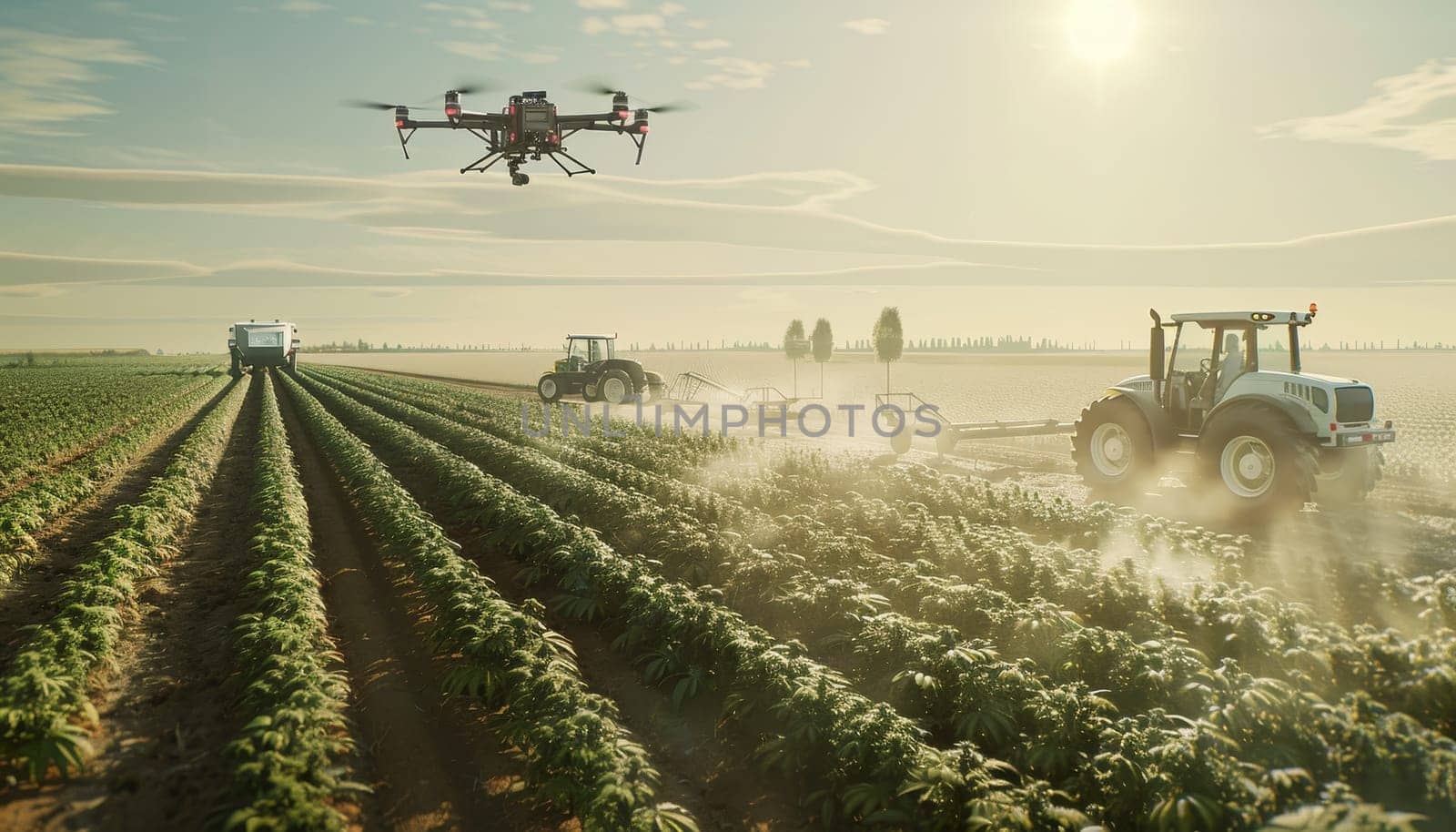A drone is flying over a field of crops. The drone is above a tractor and a truck