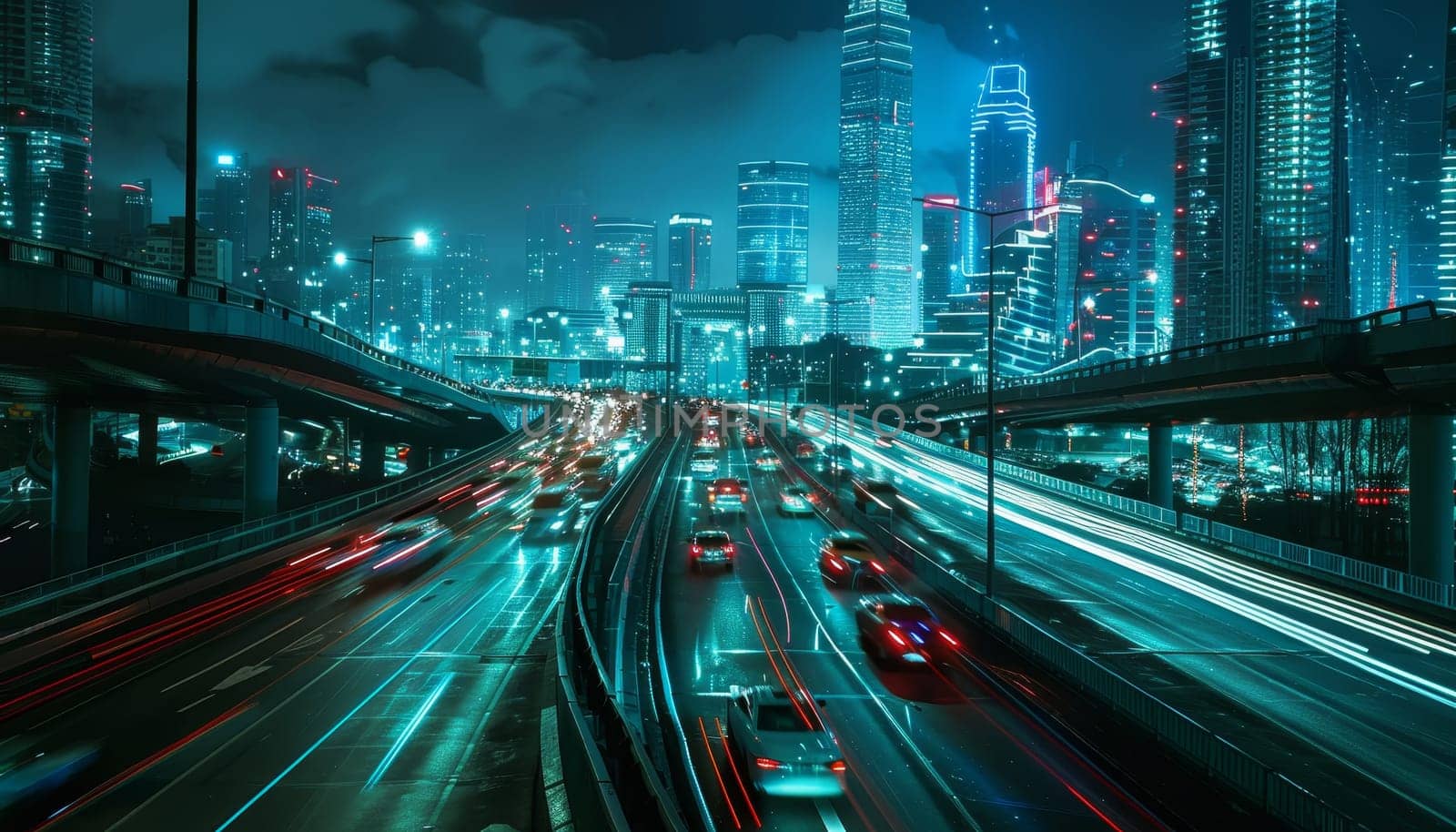 A city street at night with cars driving down the road. The city is lit up with bright lights and the cars are moving quickly. Scene is busy and fast-paced