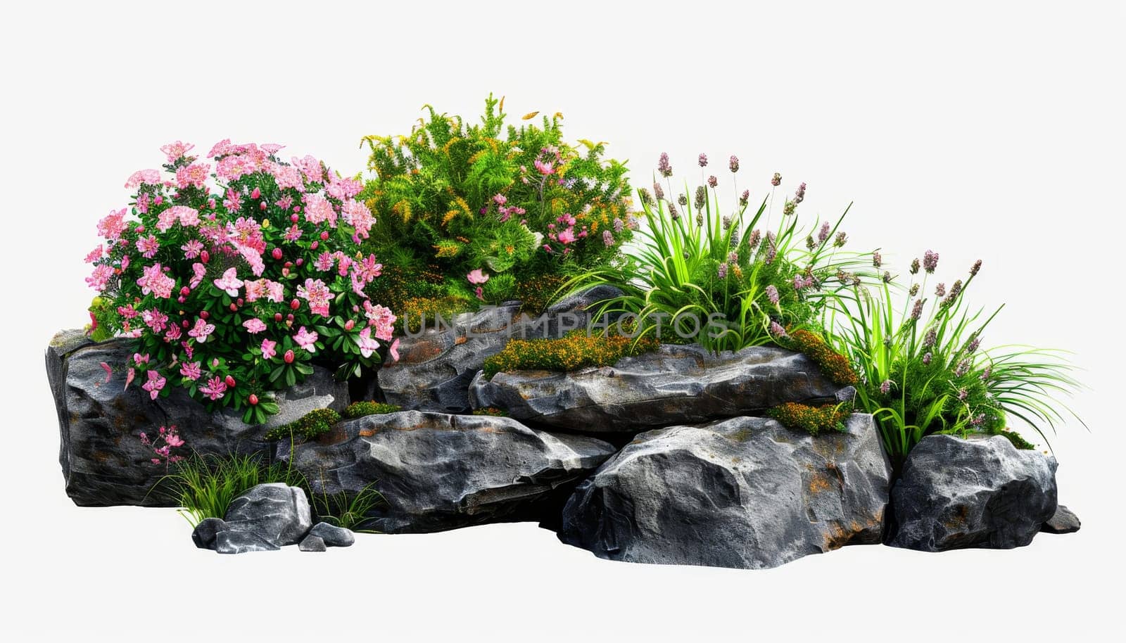 A rock garden with pink flowers and green grass