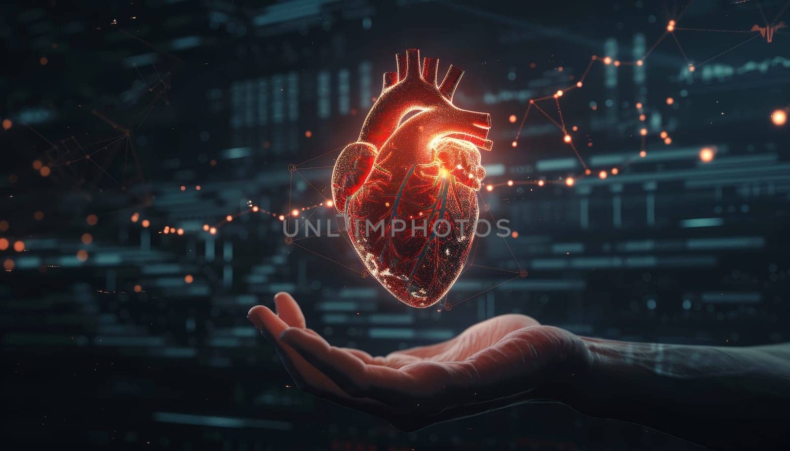 A hand holding a heart that is glowing red by AI generated image.