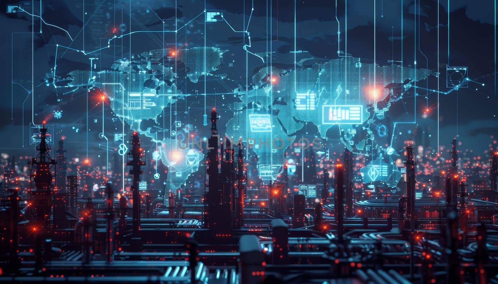 A futuristic cityscape with a glowing blue globe in the center. The city is filled with tall buildings and a network of wires and circuits. Concept of technological advancement and a futuristic world