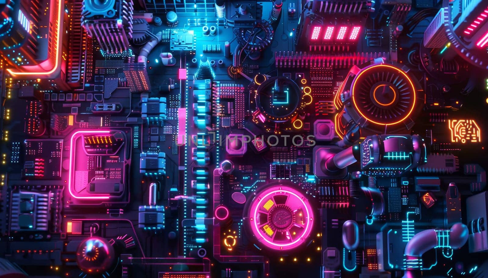 A neon cityscape with a glowing neon sign that says "K". The city is filled with bright lights and neon colors, creating a futuristic and energetic atmosphere