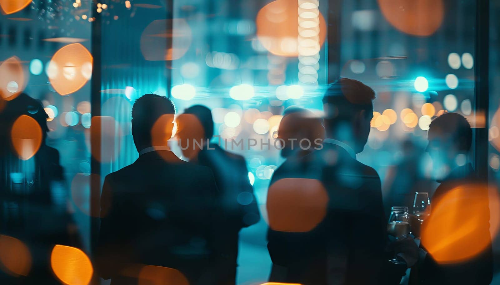 A blurry image of people walking in a city with a bright, colorful background by AI generated image.