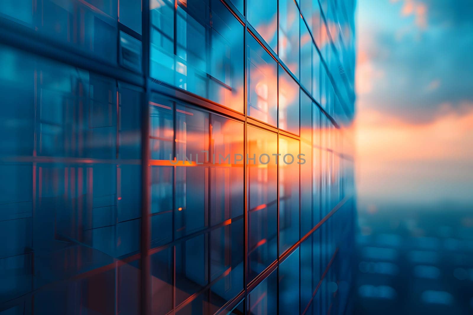 The azure sky reflects in the windows of the tall building, creating a vibrant display of tints and shades resembling an electric blue artwork