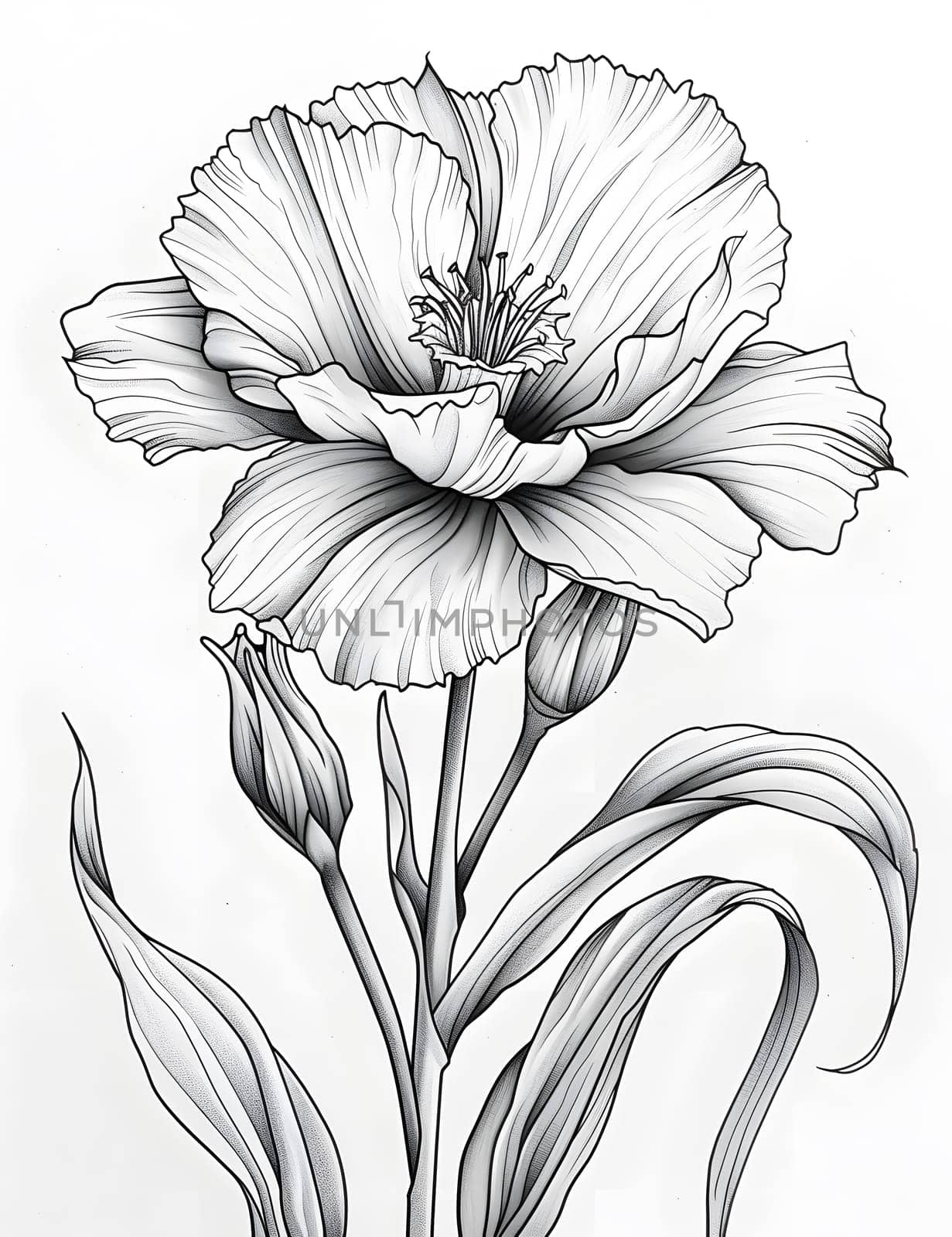 A monochromatic illustration of a flower with leaves on a white background, showcasing the beauty of a flowering plant through detailed drawing and artistry