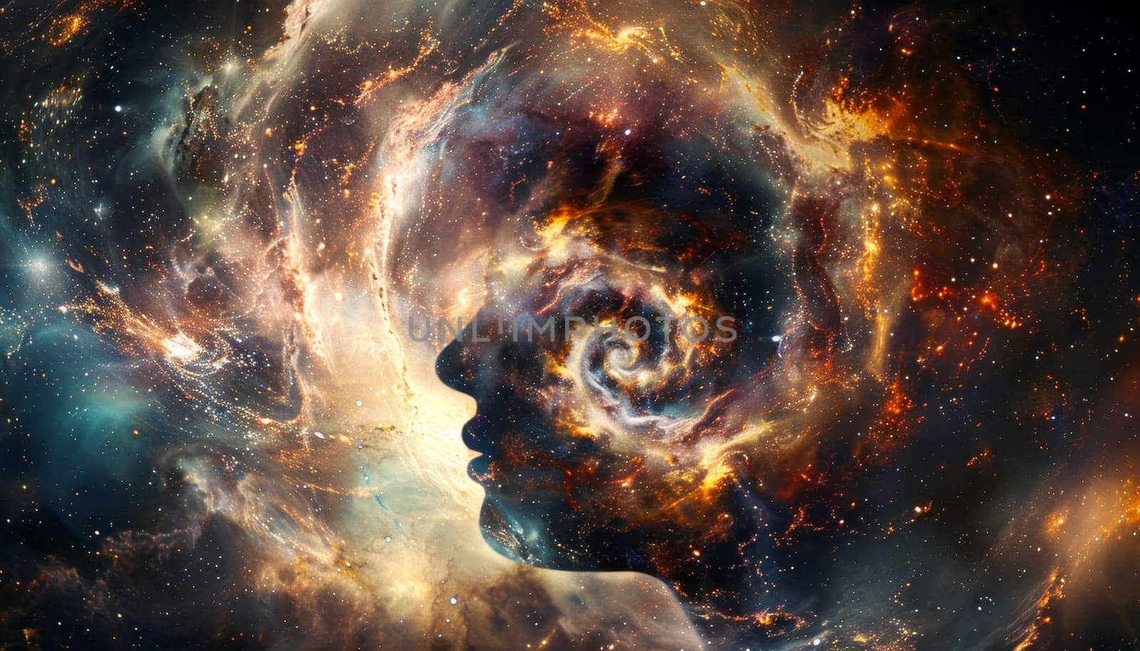 A person's head is shown in a swirling galaxy of stars and clouds by AI generated image by wichayada