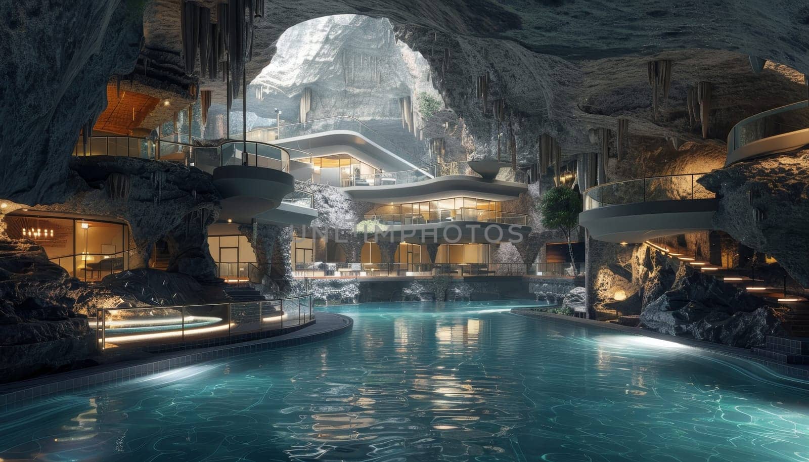 A large pool with a cave-like structure surrounding it. The pool is lit up and has a serene atmosphere