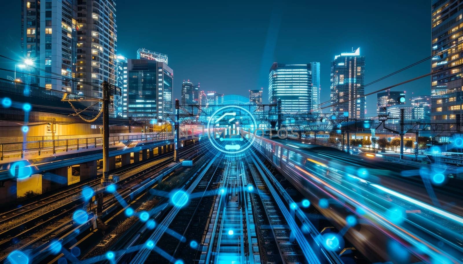 A cityscape with a train and a blue circle in the middle by AI generated image by wichayada